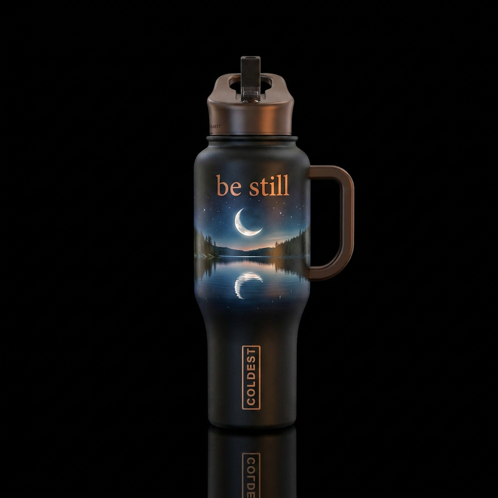 Moon reflecting on lake with “be still” above lake water bottle design