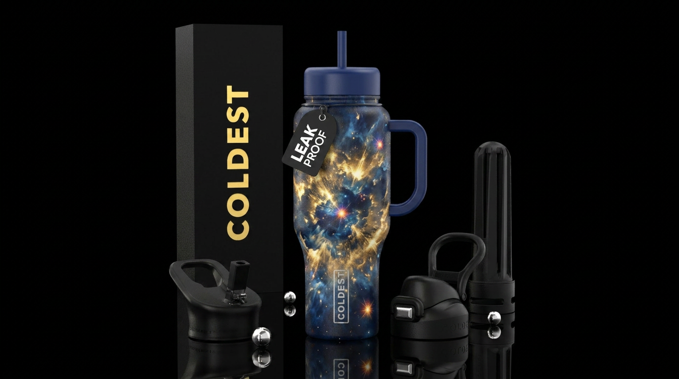 Gold and navy blue nova water bottle design