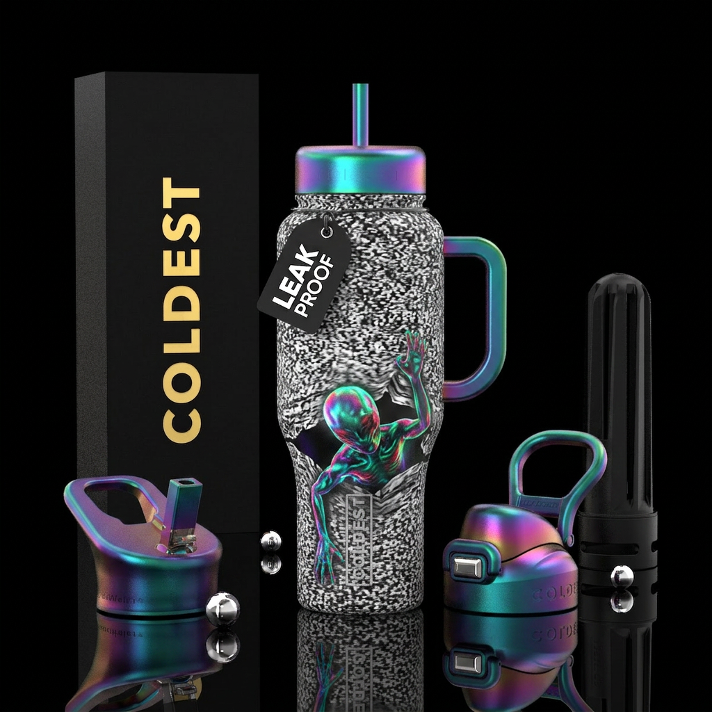 Tv static with creature crawling out water bottle design
