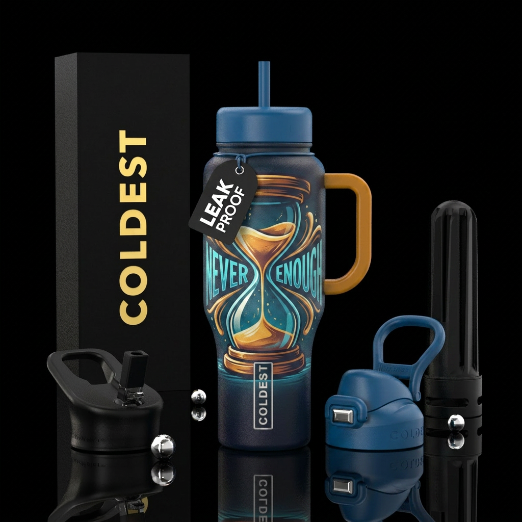Hour Glass that says Never Enough water bottle design