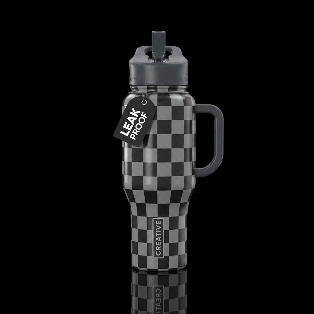 Grey and black checkers water bottle design
