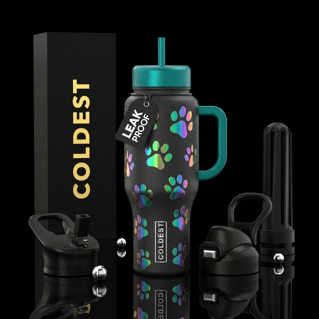 Iridescent paw prints water bottle design