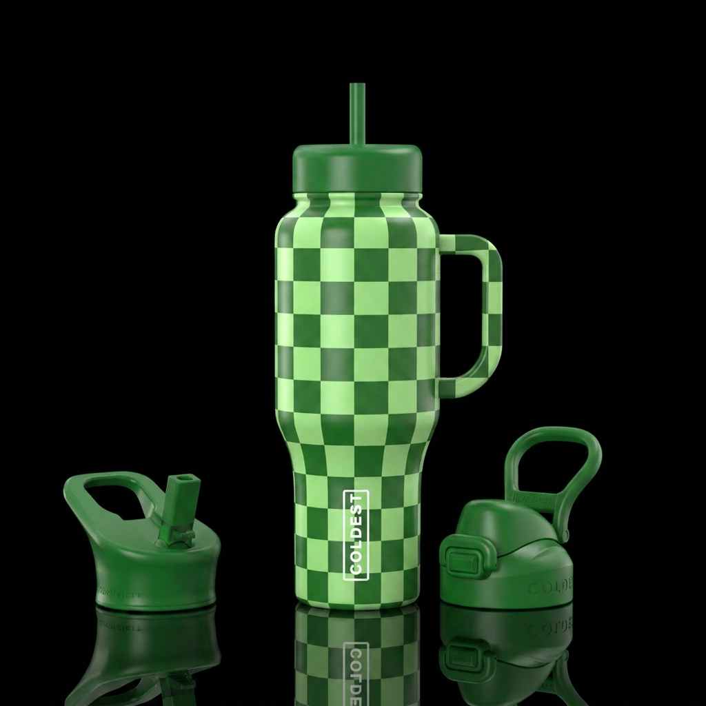 Light green and dark green checkers water bottle design