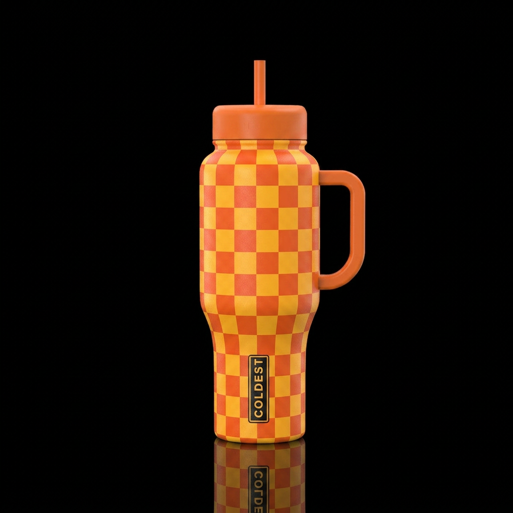 Orange and yellow checkers water bottle design