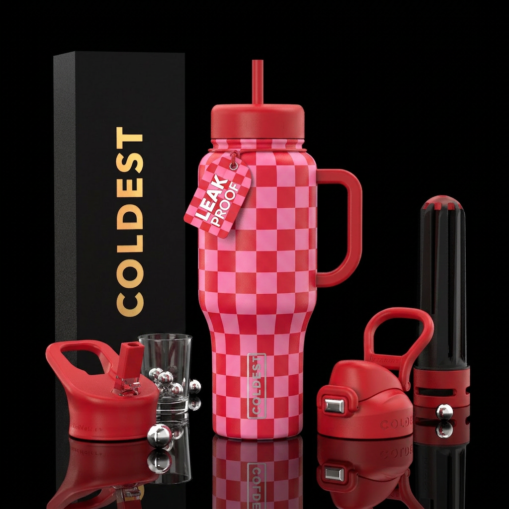 Pink and red checkers water bottle design