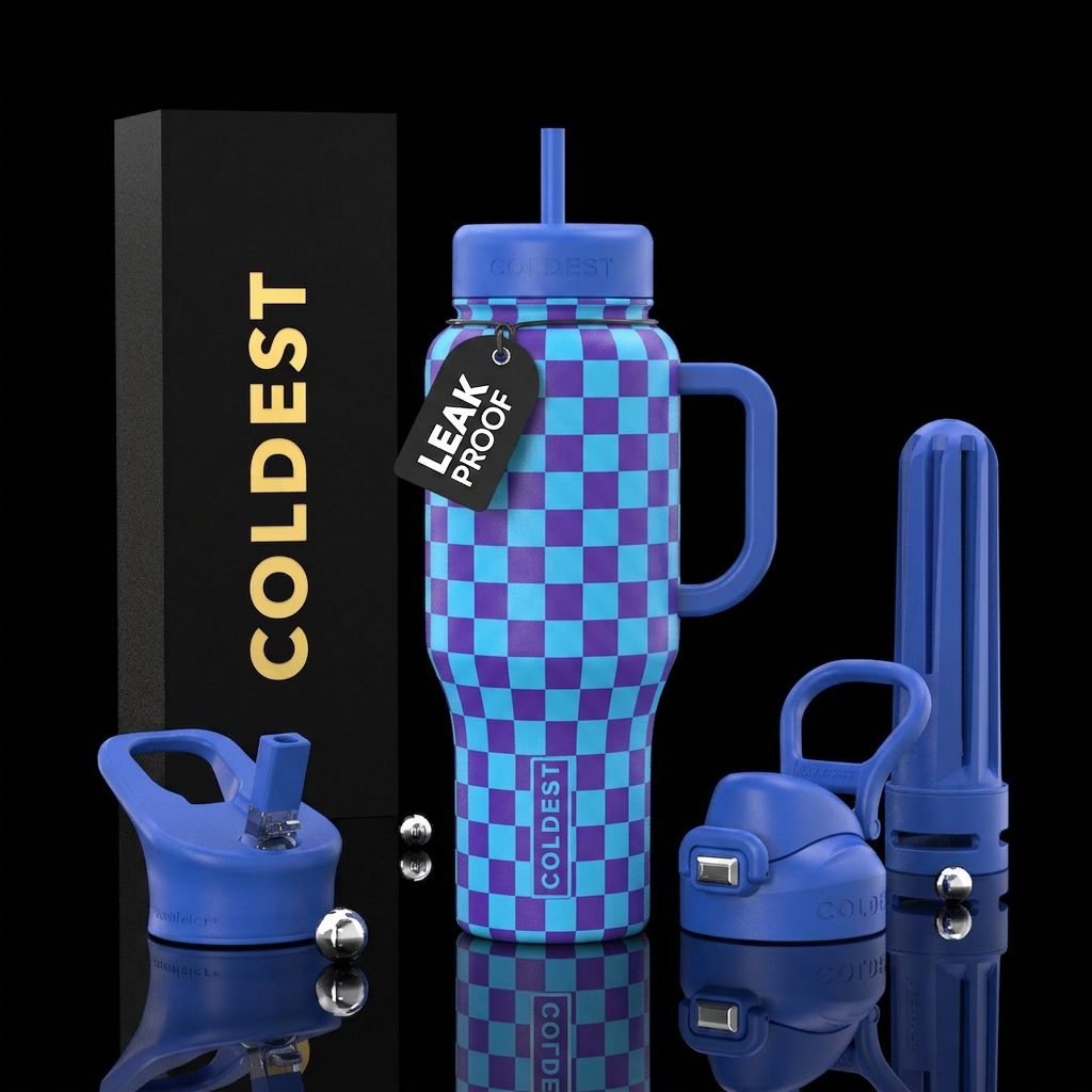 Blue and purple checkers water bottle design