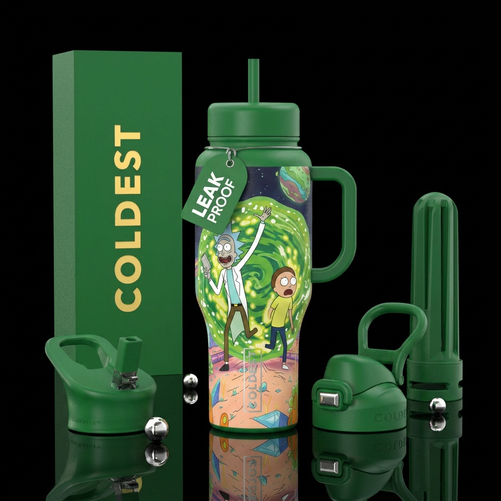 Rick and Morty on a green bottle water bottle design