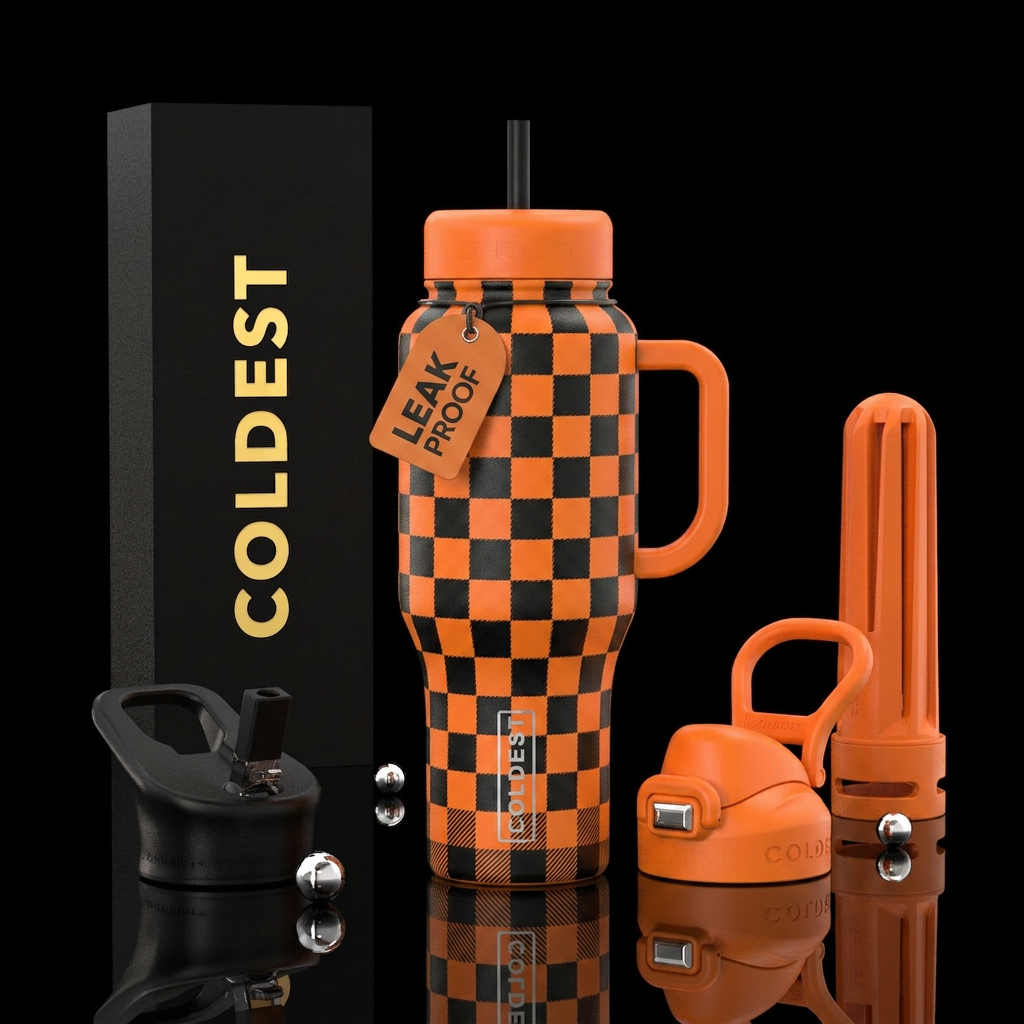 Orange and Black Checkers water bottle design