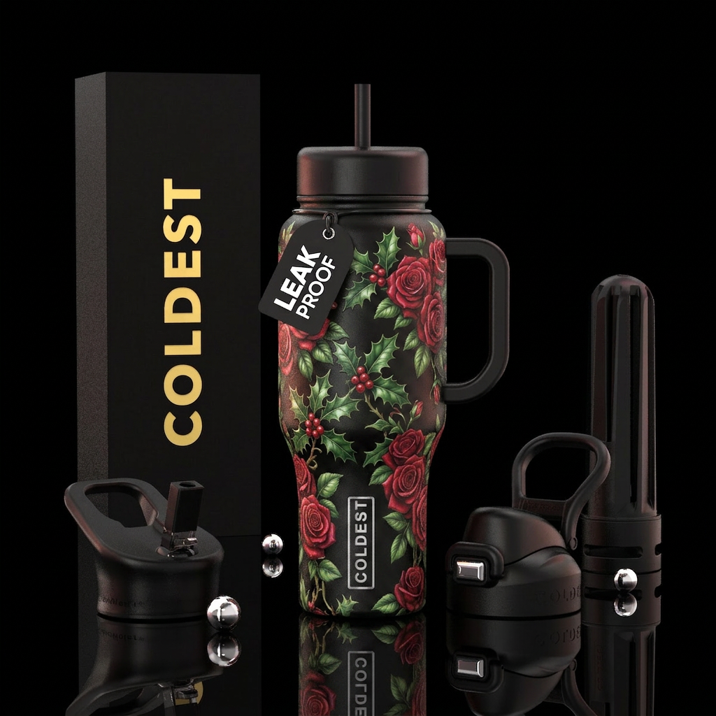 Holly and roses water bottle design