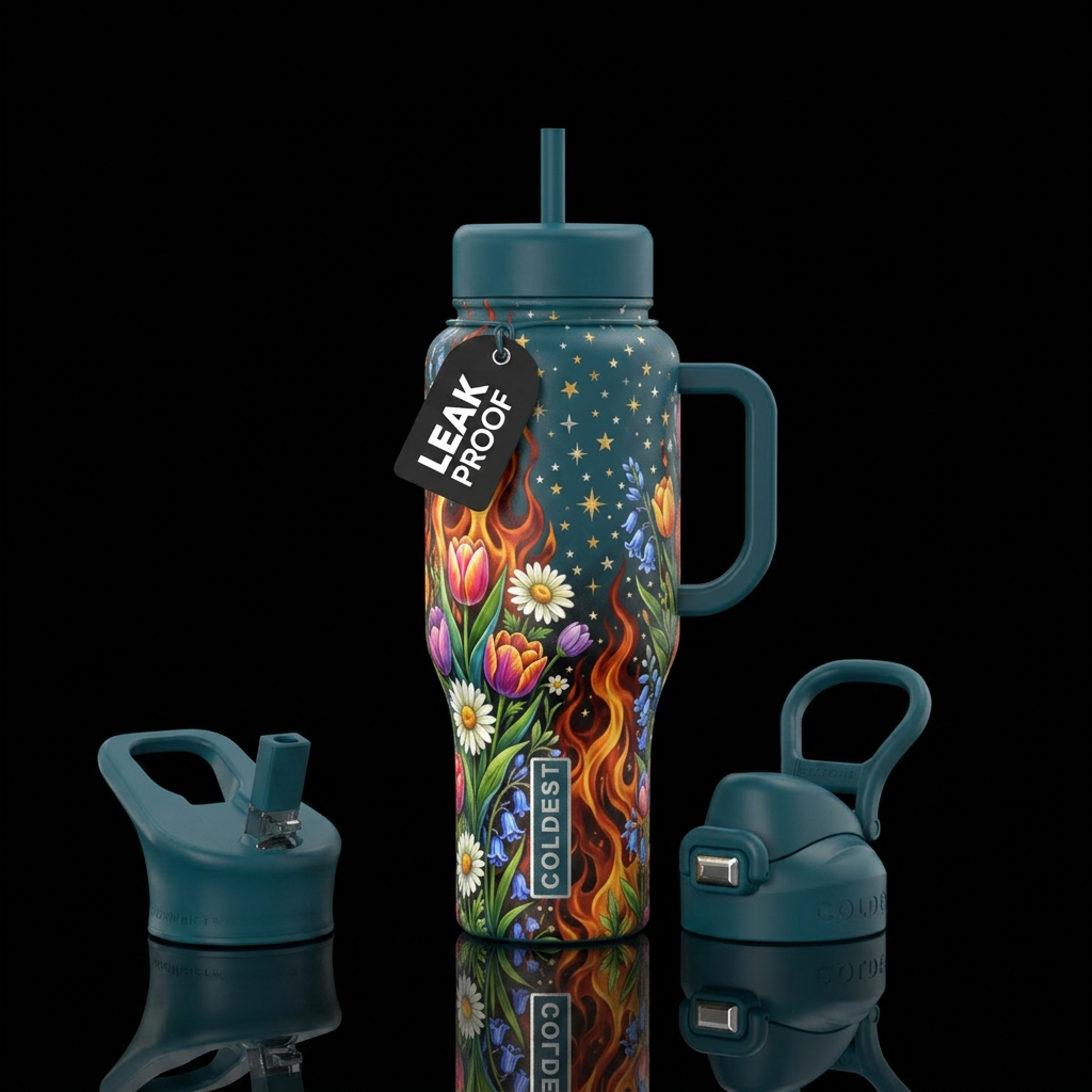 Flames, Spring Flowers, Stars water bottle design
