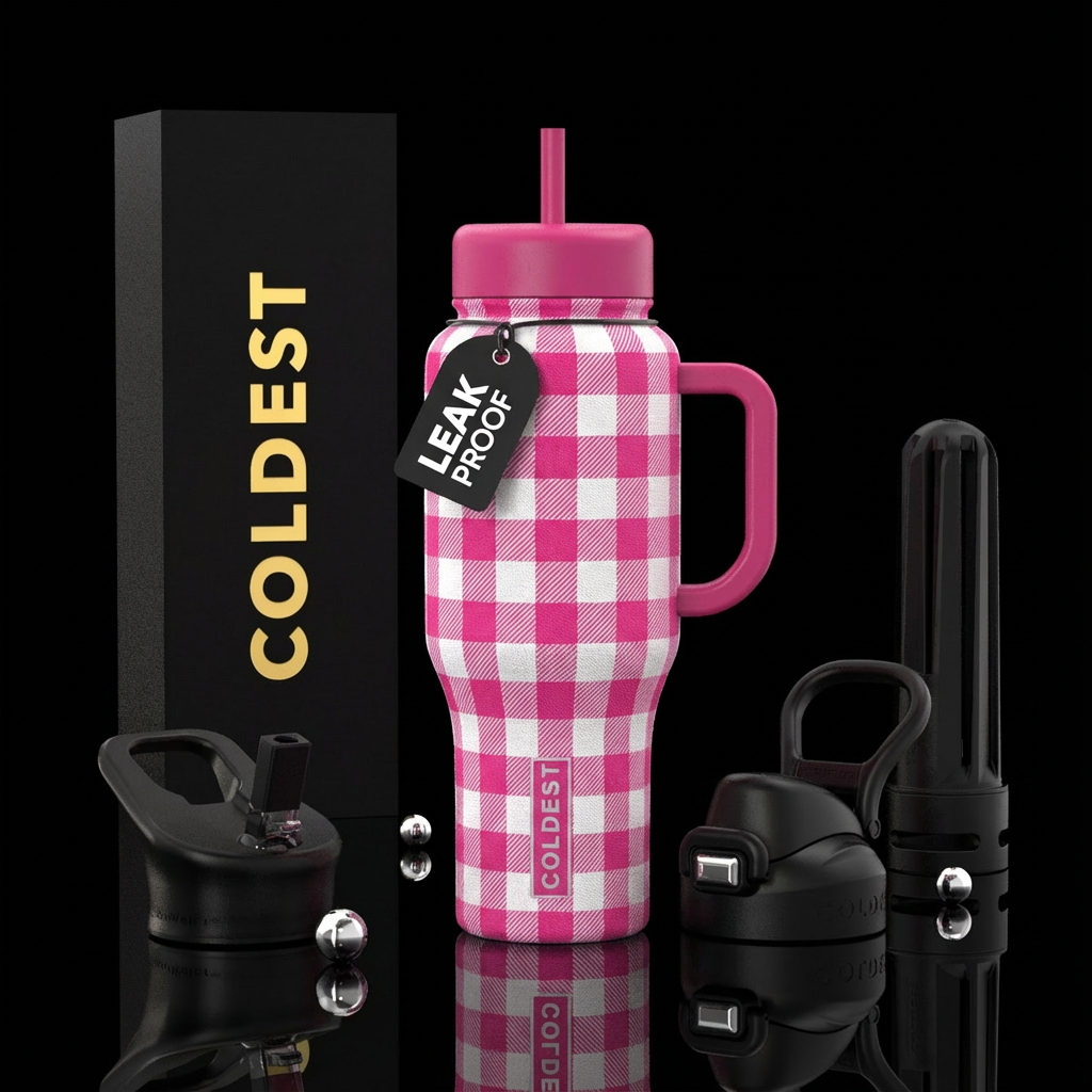 Pink gingham water bottle design