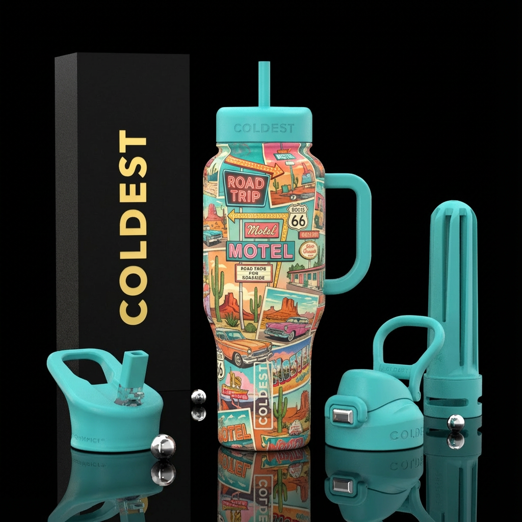 Kitschy Roadtrip water bottle design