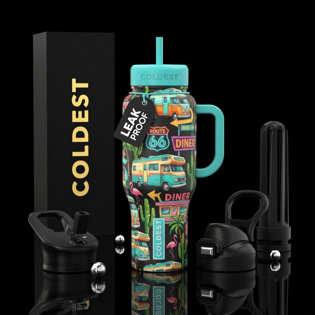 Kitschy Roadtrip water bottle design