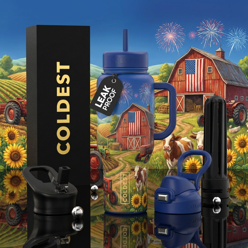 Patriotic farm, friendly, photorealistic, detailed... water bottle design