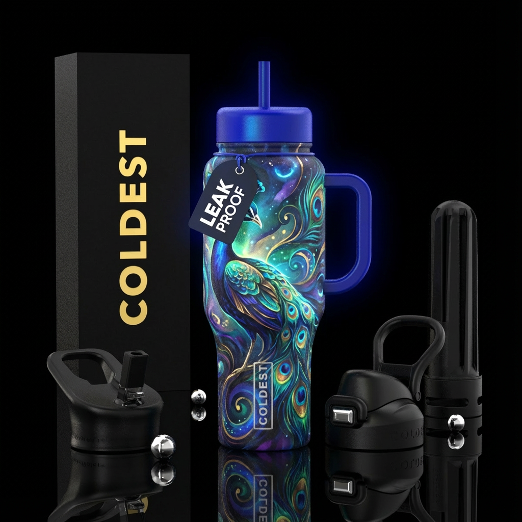 Peacock at twilight, glowie, magical, abstract, ar... water bottle design
