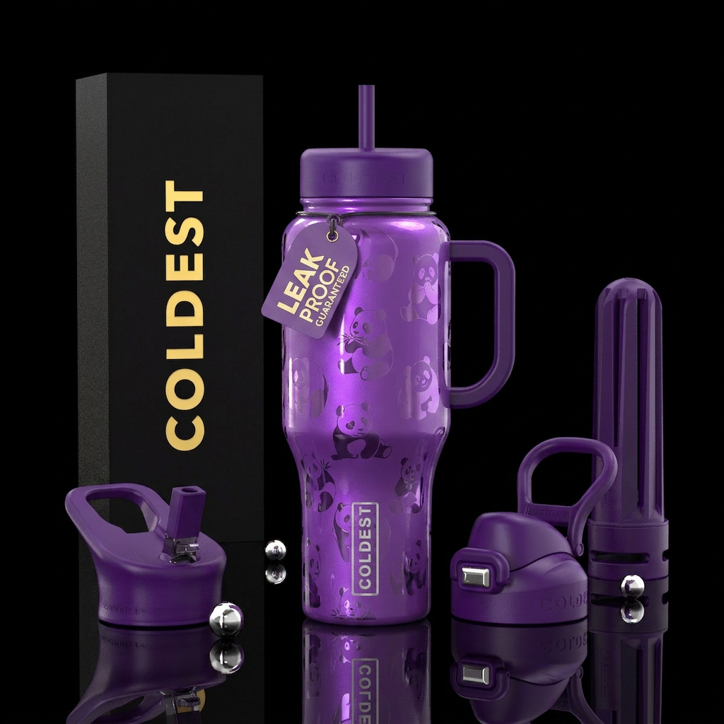 Purple panda water bottle design