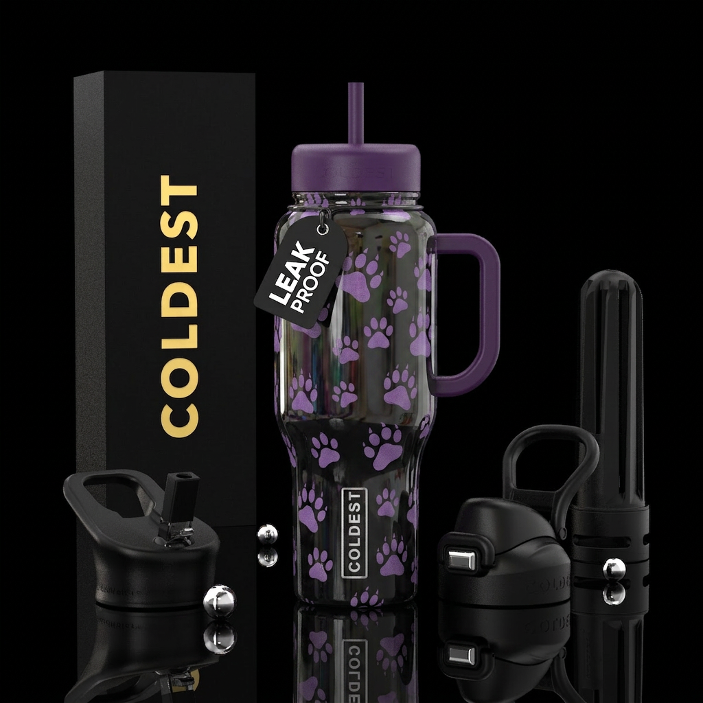 Purple pandas paws water bottle design