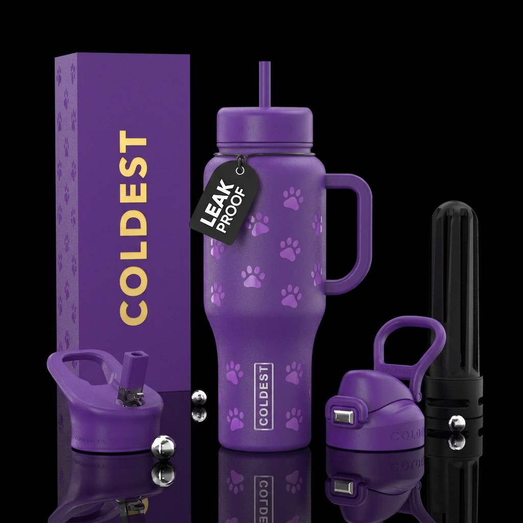 Purple pandas paws water bottle design
