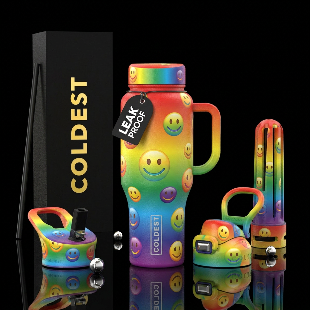 Smiley face rainbow water bottle design