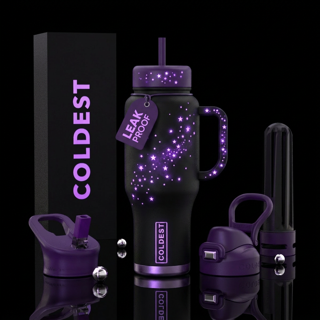 Purple glow stars water bottle design