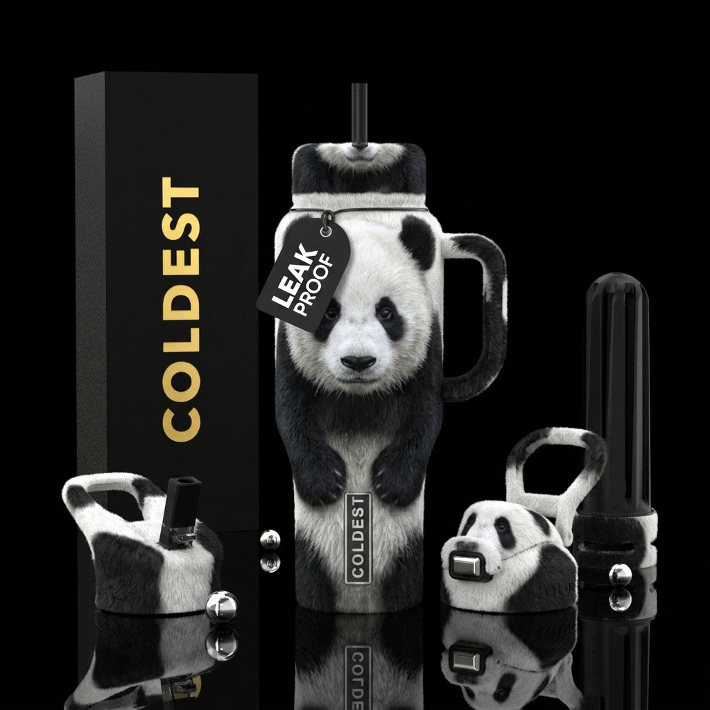 Black and white panda water bottle design