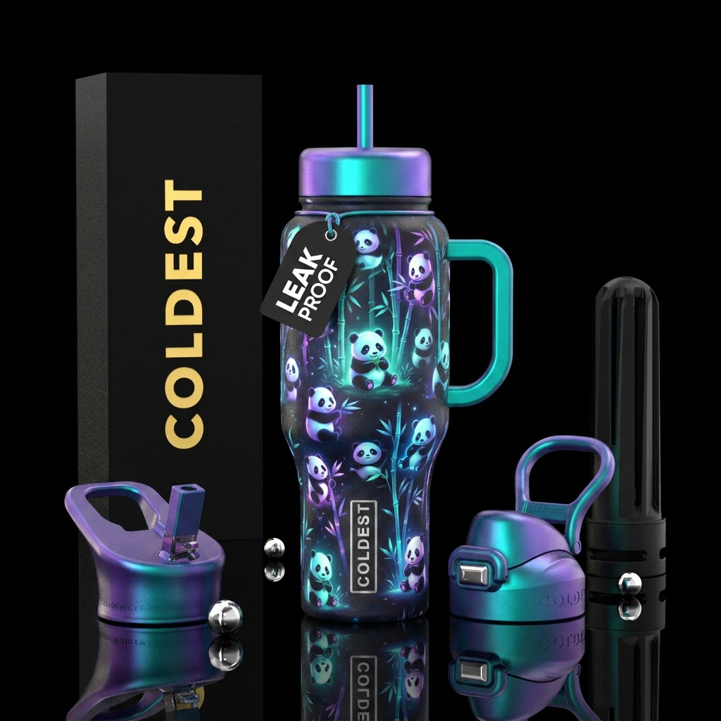 Glowing pandas water bottle design