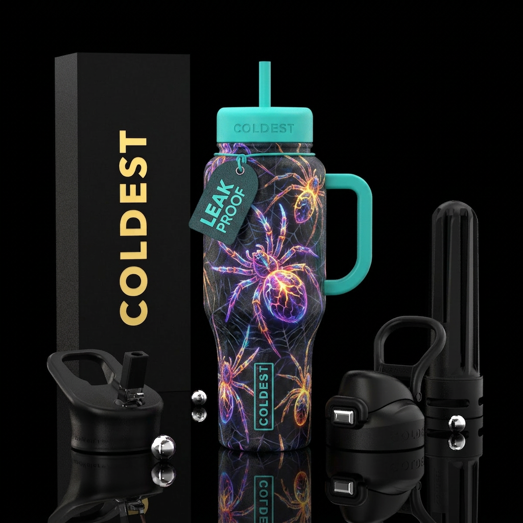 Glowing spiders water bottle design