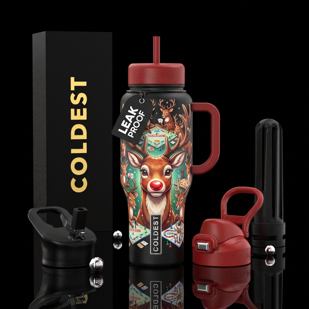 Rudolph the red nose reindeer  as focus.  8 other ... water bottle design
