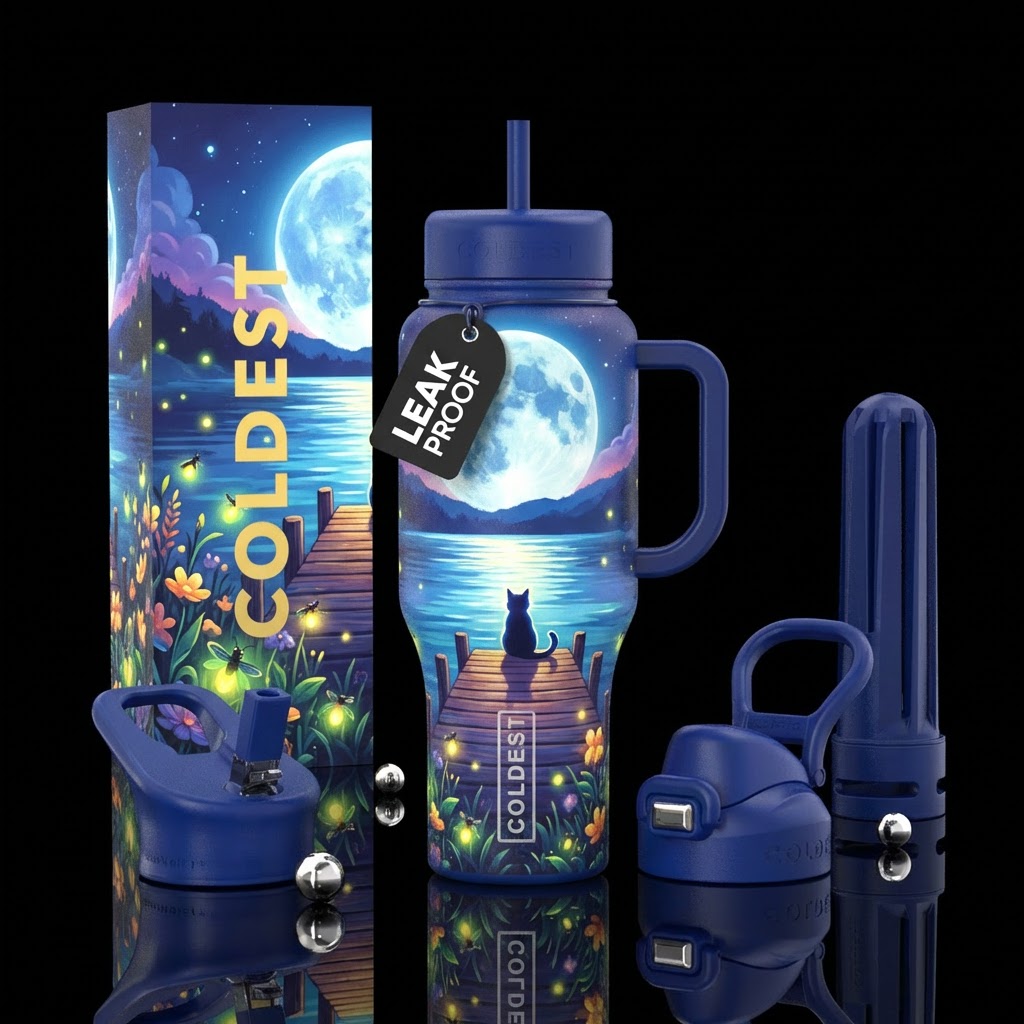 Moonlight shining off a lake.  Fireflies blooming ... water bottle design
