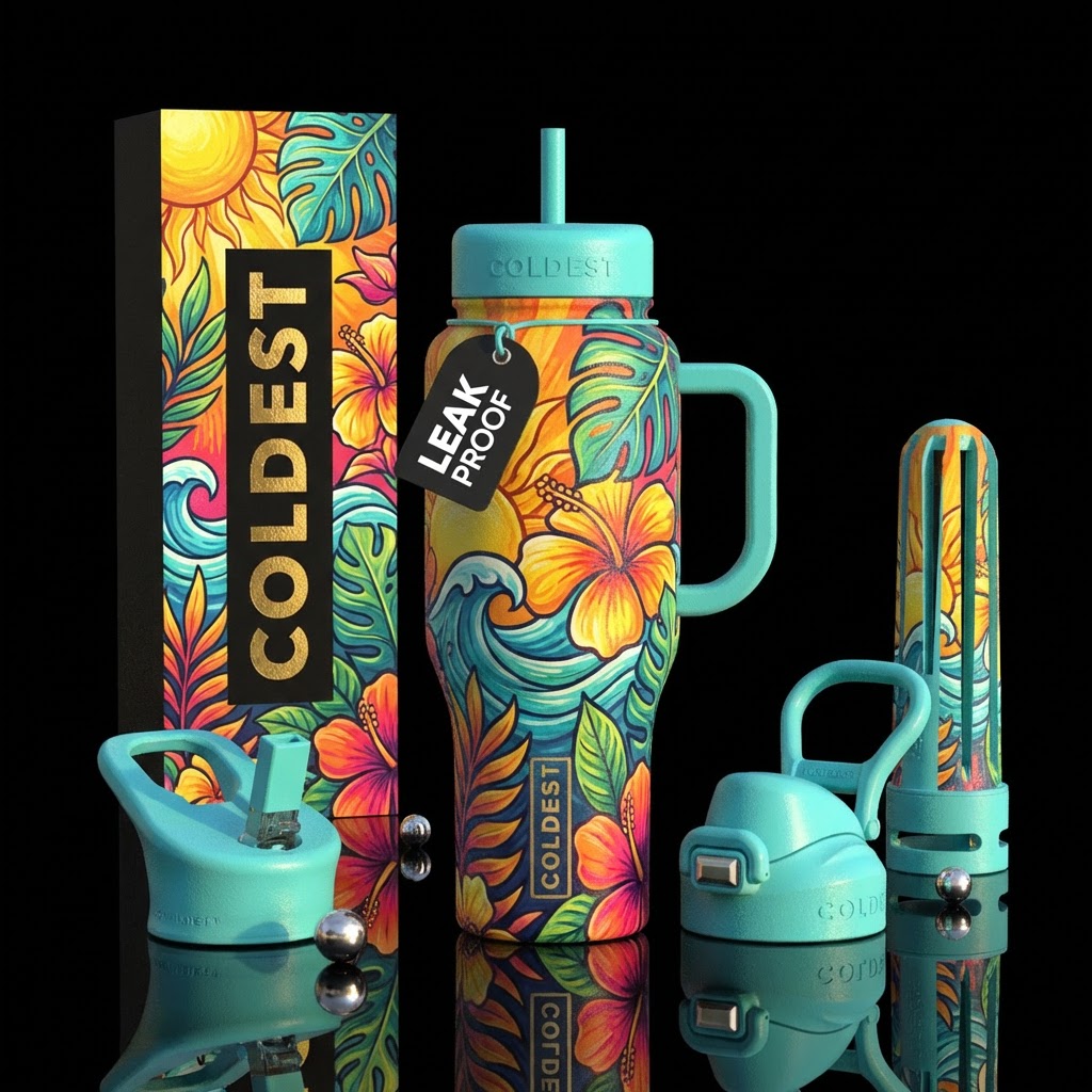 Summerish, bold,  direct. Outside vibes lifelike water bottle design