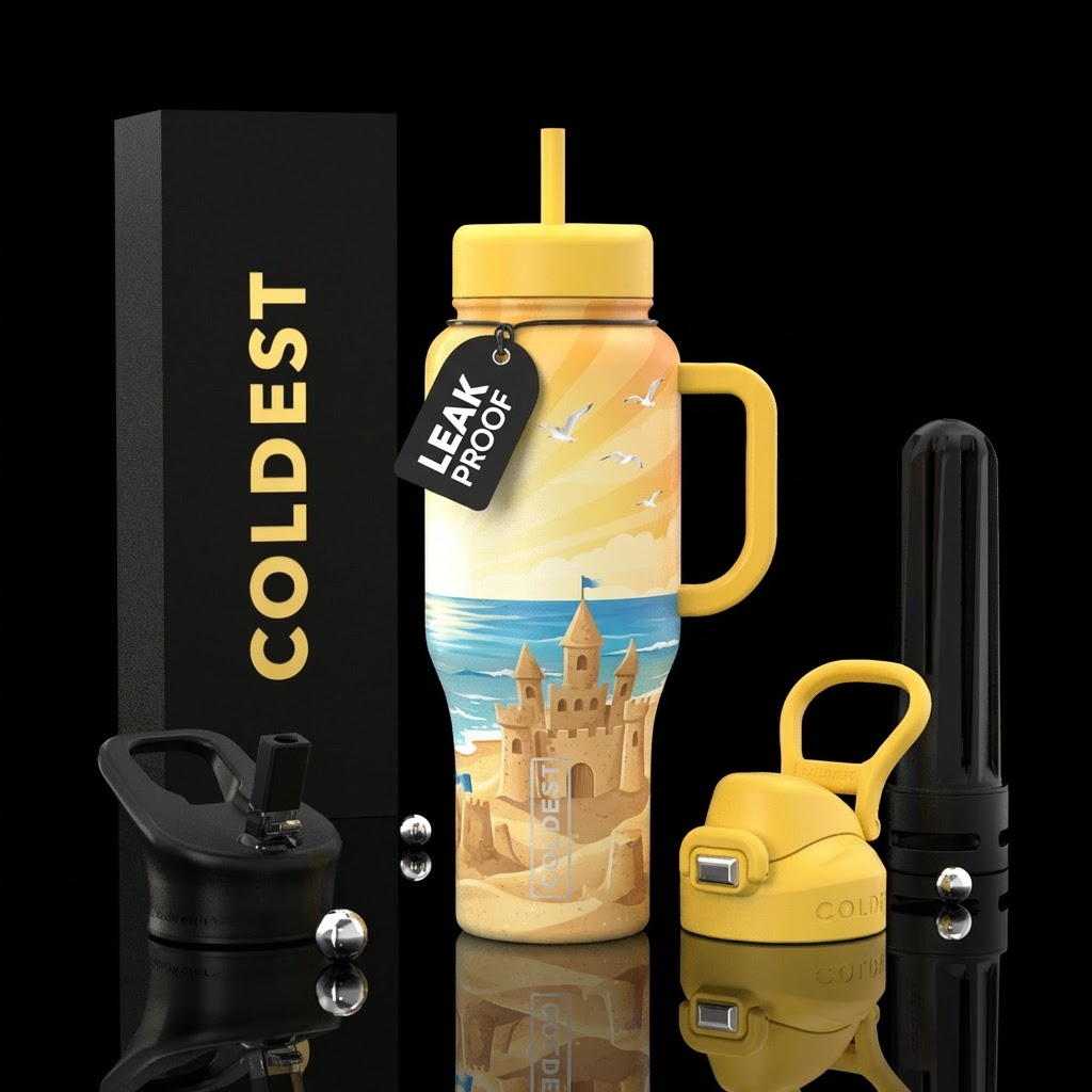Sandcastles, ocean in distance,  seagulls, sunshin... water bottle design