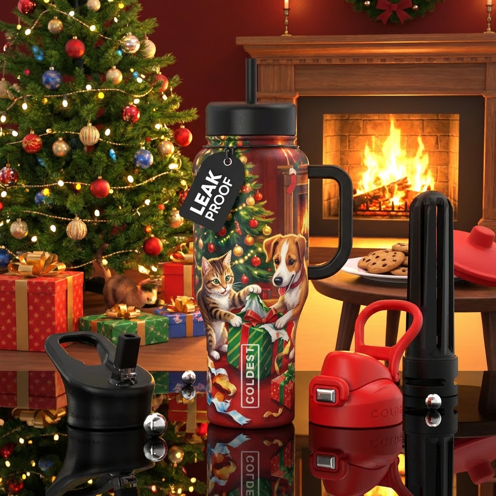 Cat abs dog playfully ripping up presents under ch... water bottle design