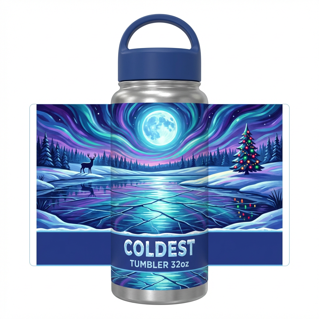 Moonlight reflecting of a frozen pond. Deer in the... water bottle design