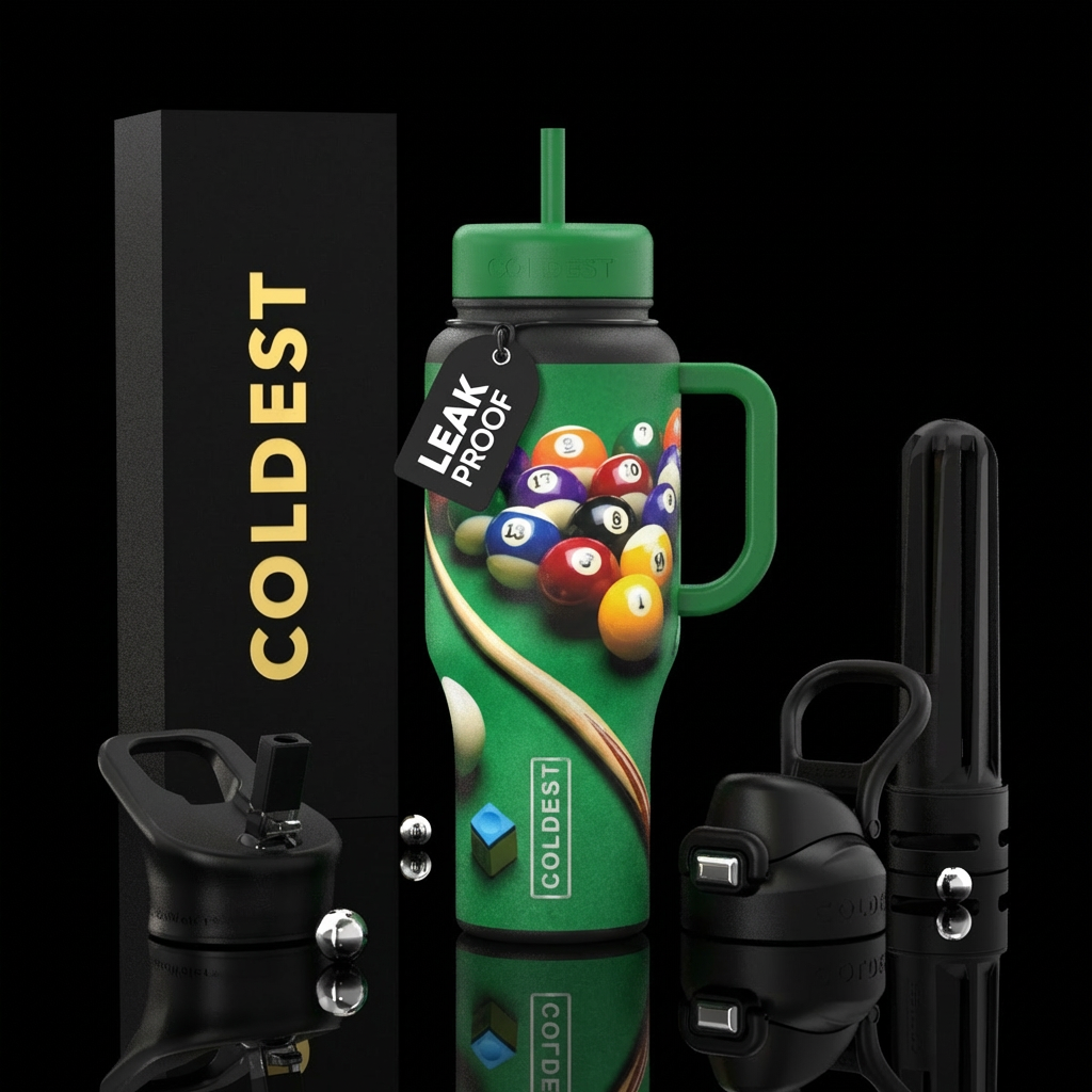 Billiards table, colorful water bottle design
