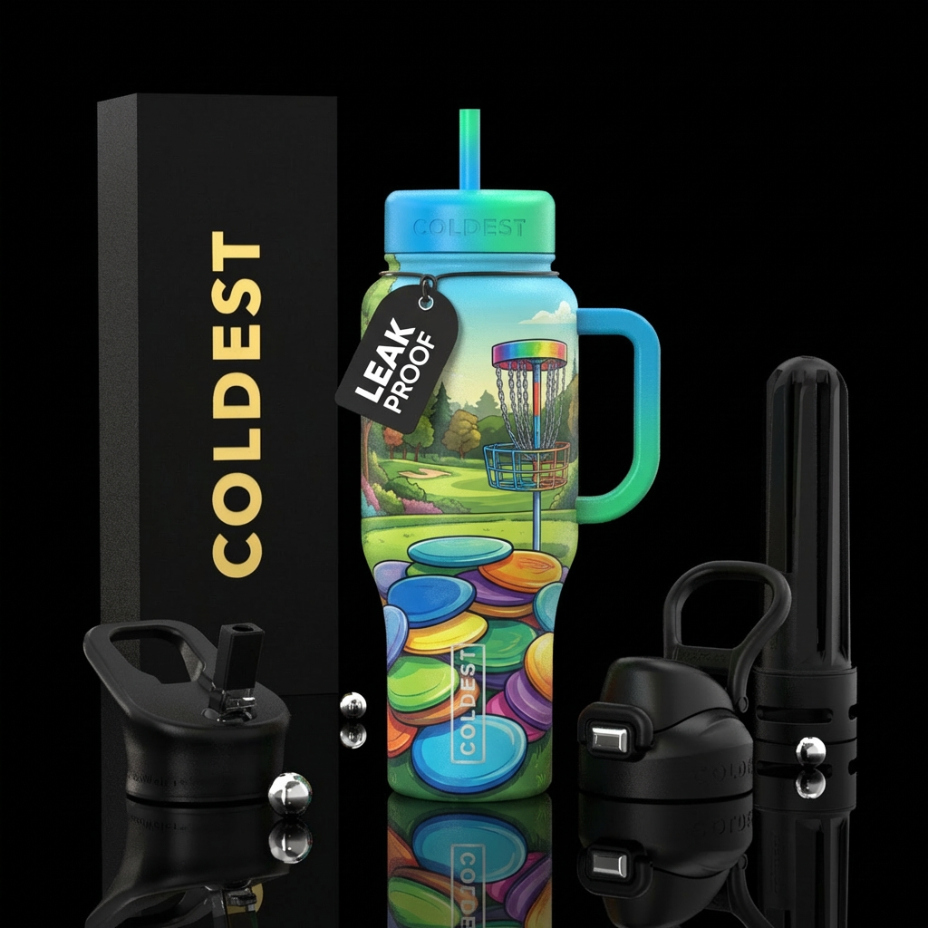 Disk golf course,  pile of colorful disks. Golf ba... water bottle design