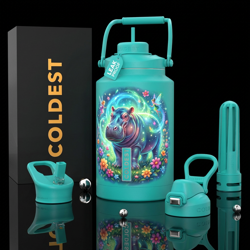 A Hippo, auras,  flowers,  pixies. Teal like color... water bottle design