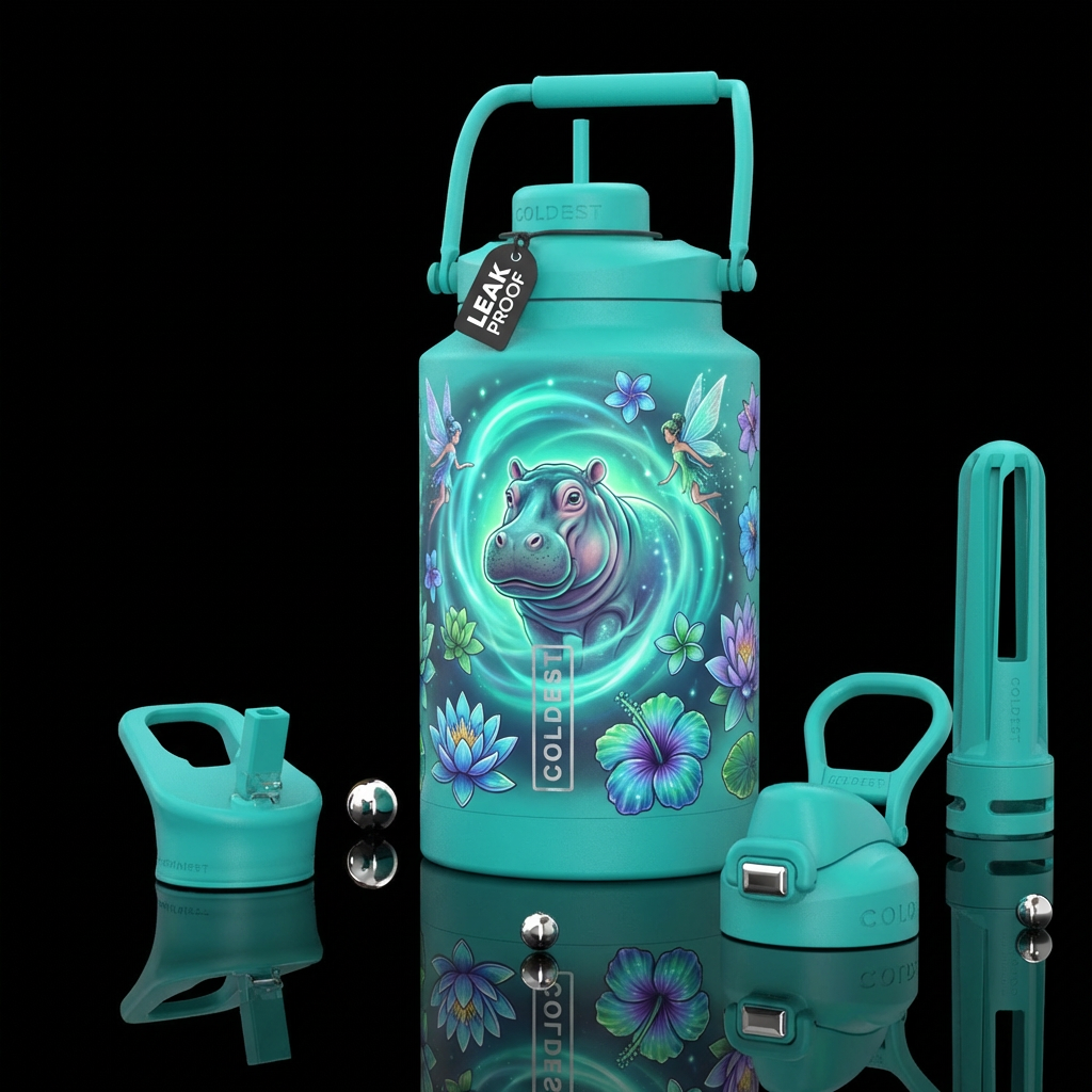 A Hippo, auras,  flowers,  pixies. Teal like color... water bottle design