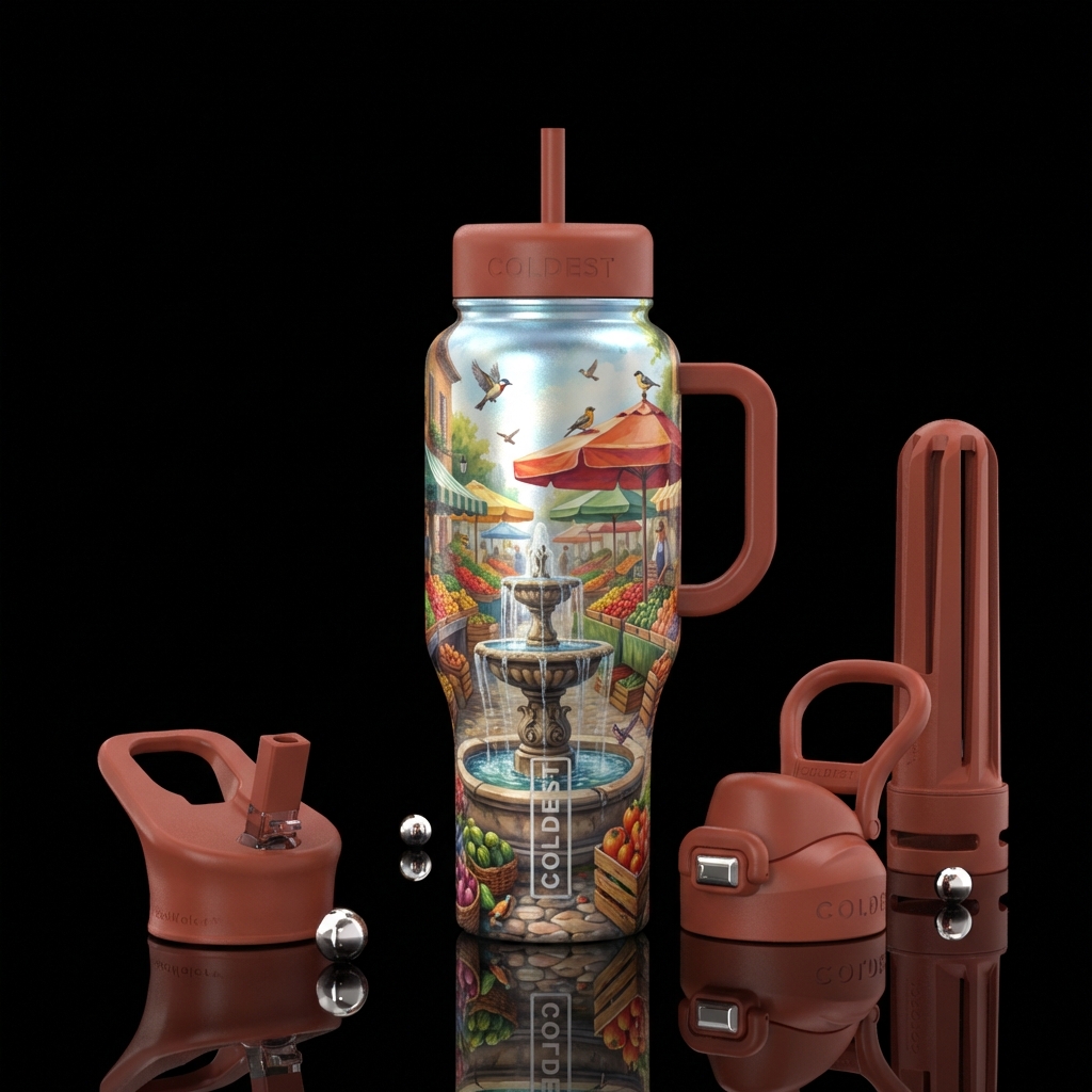 Farmers market,  fountains,  birds water bottle design