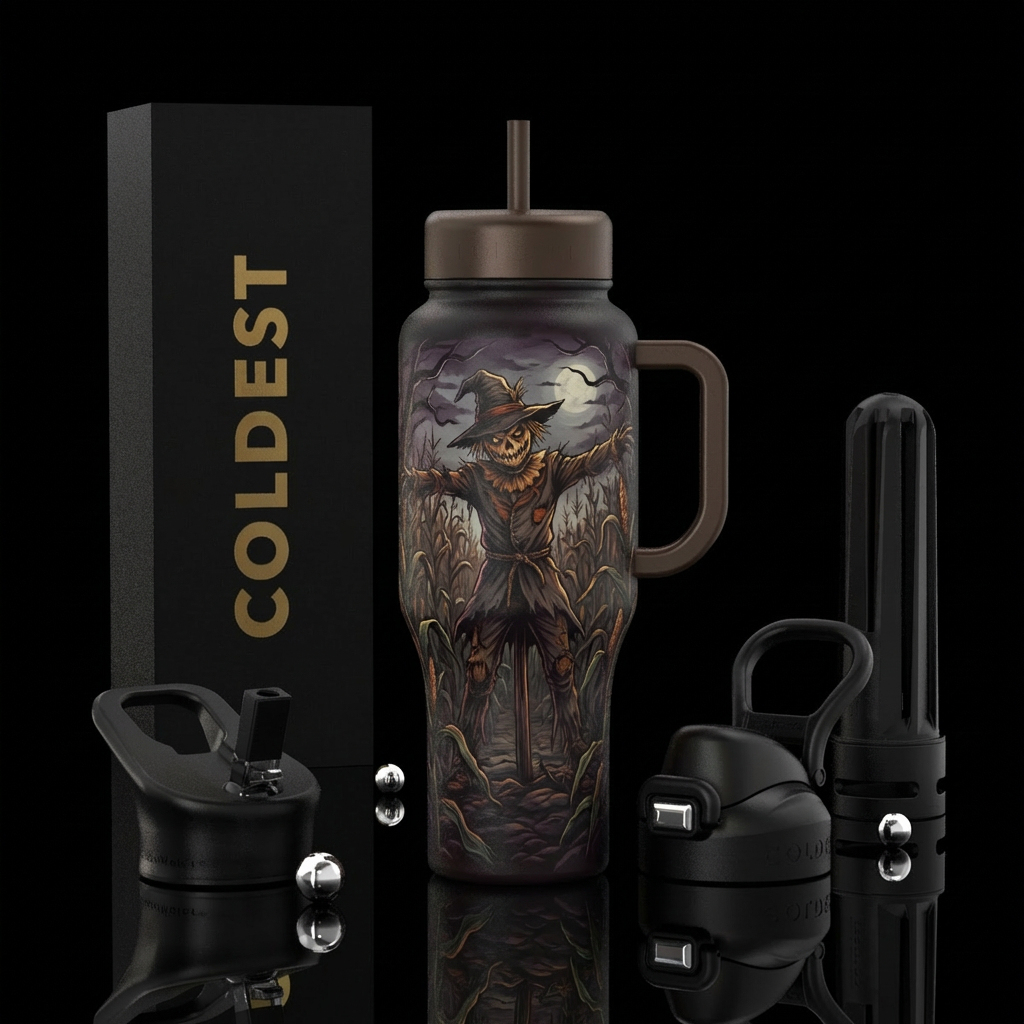 Scarecrow, corn maze dark colors water bottle design
