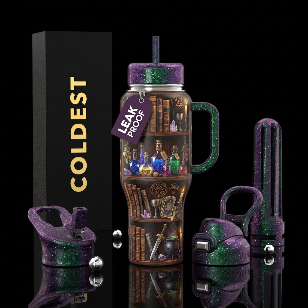 Bookshelf, combining a witch alter.  Some glitter ... water bottle design