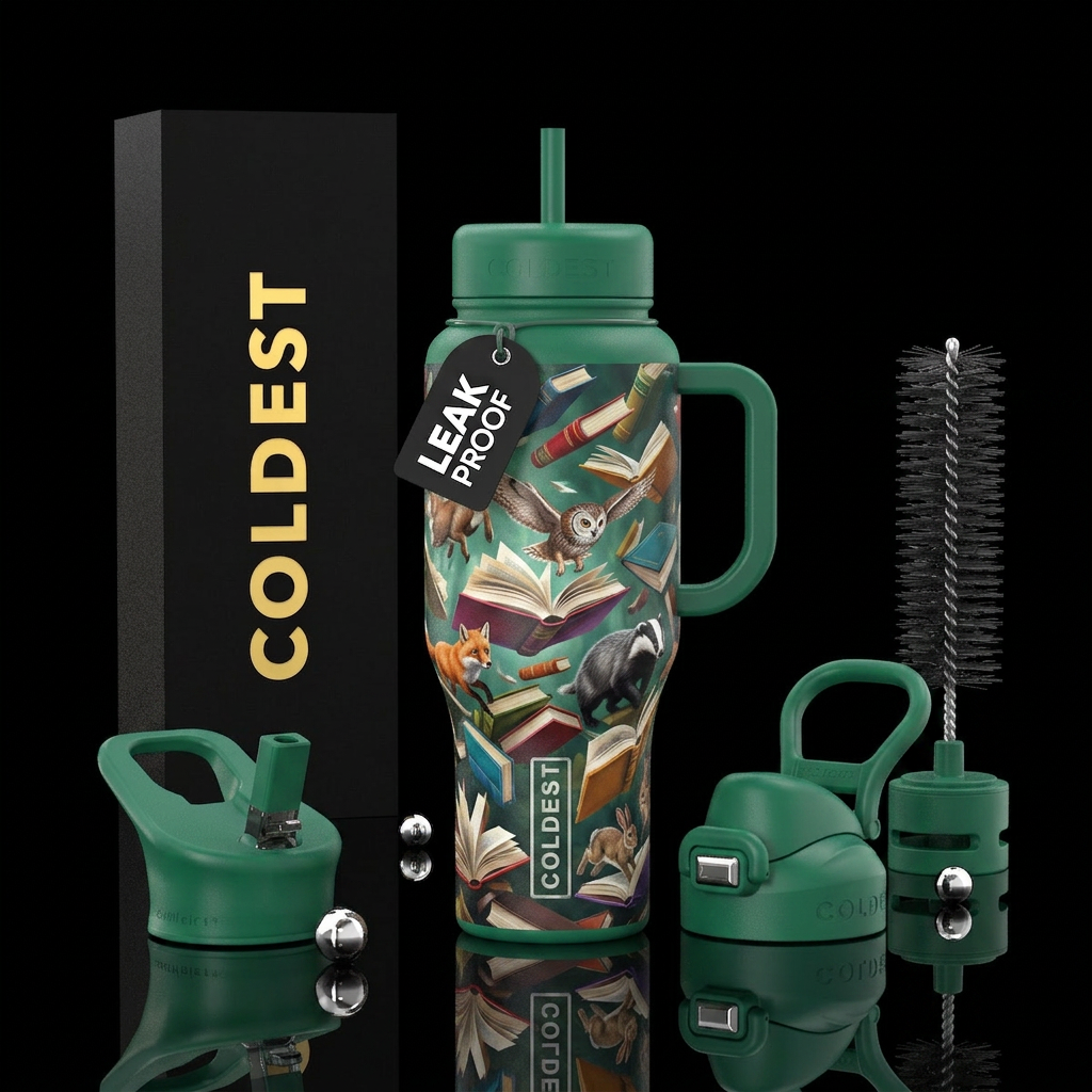 Books flying through the air,  forest animals floc... water bottle design
