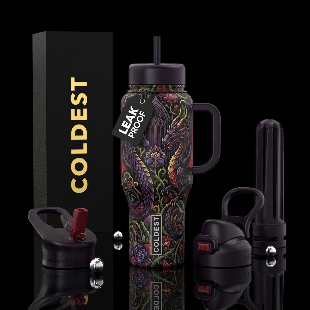 abstract, gothic, garden, dragon water bottle design