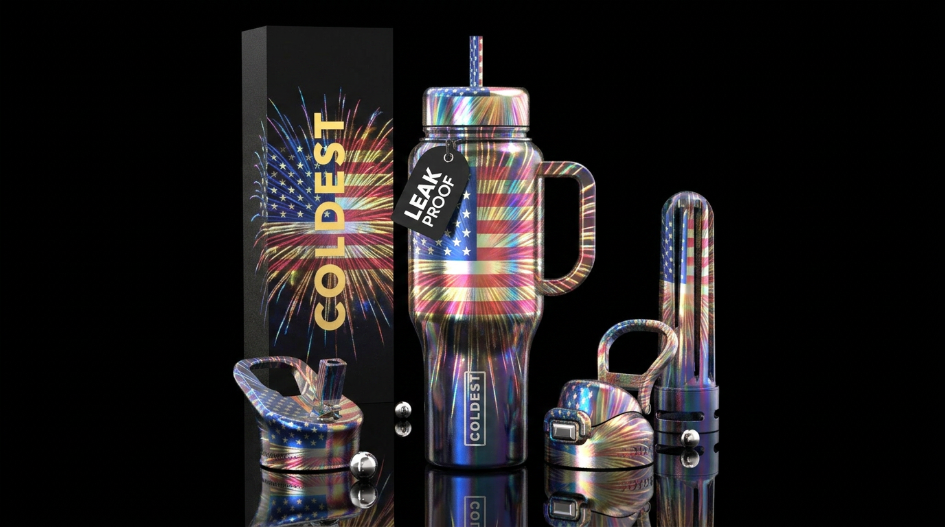 Irridescent, shiny fireworks American flag in the ... water bottle design