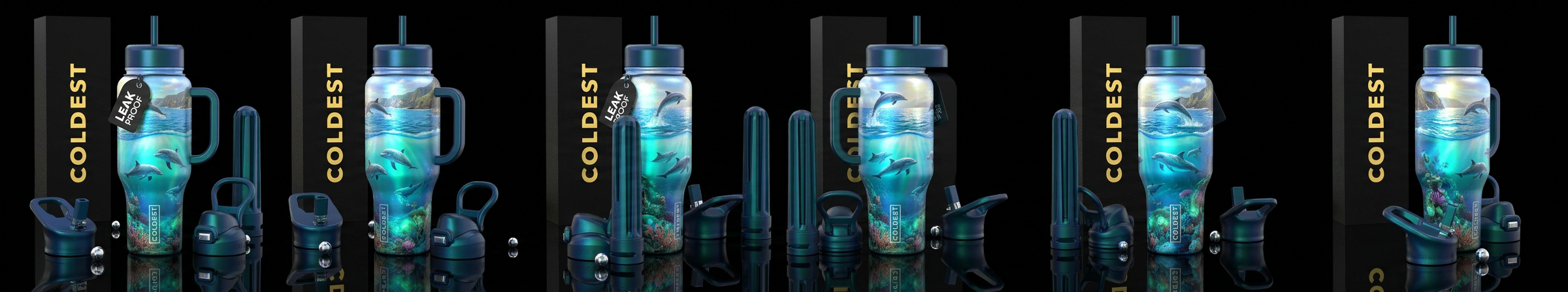 Dolphin pods playing in the surf above and below w... water bottle design
