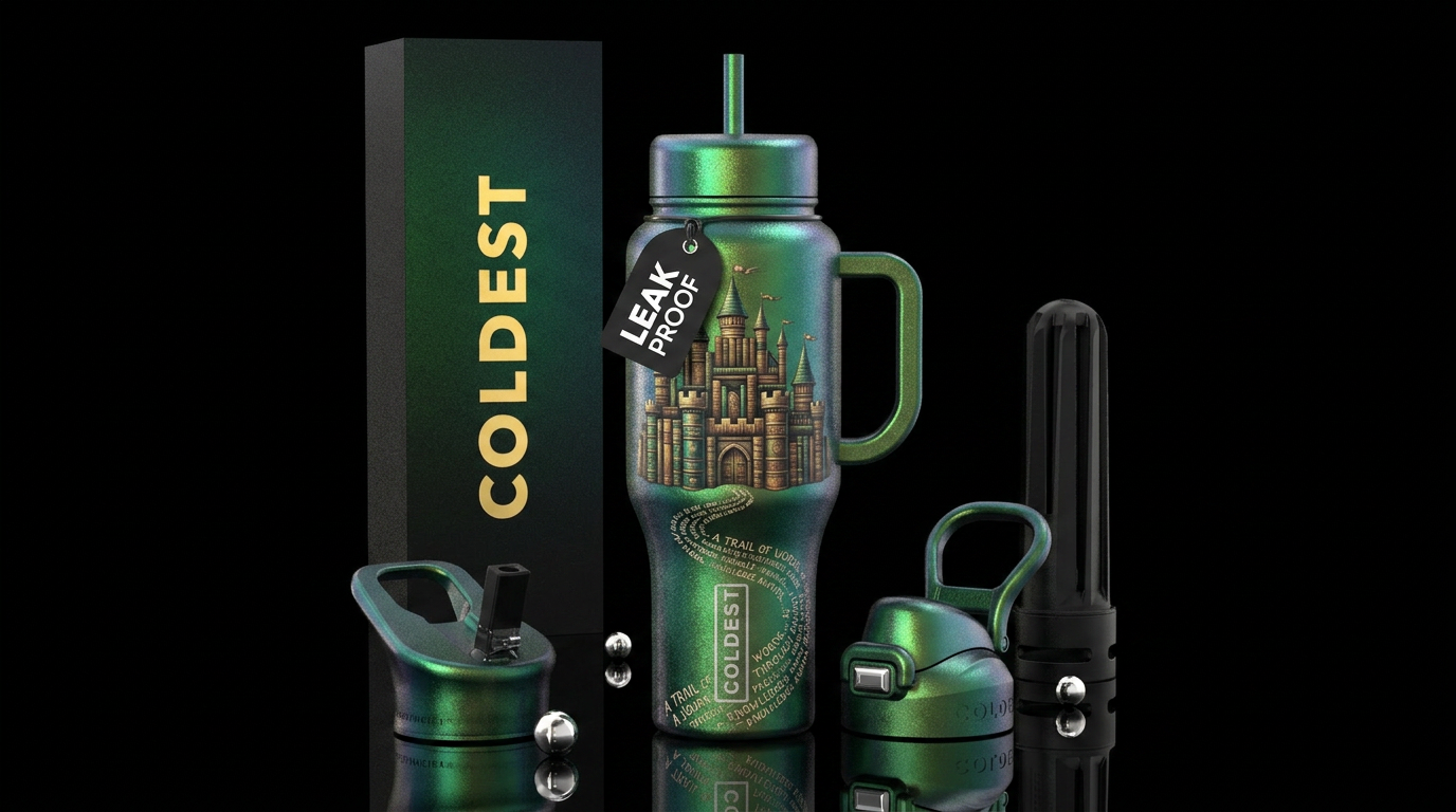 Trail of words leading to a castle of books, fores... water bottle design