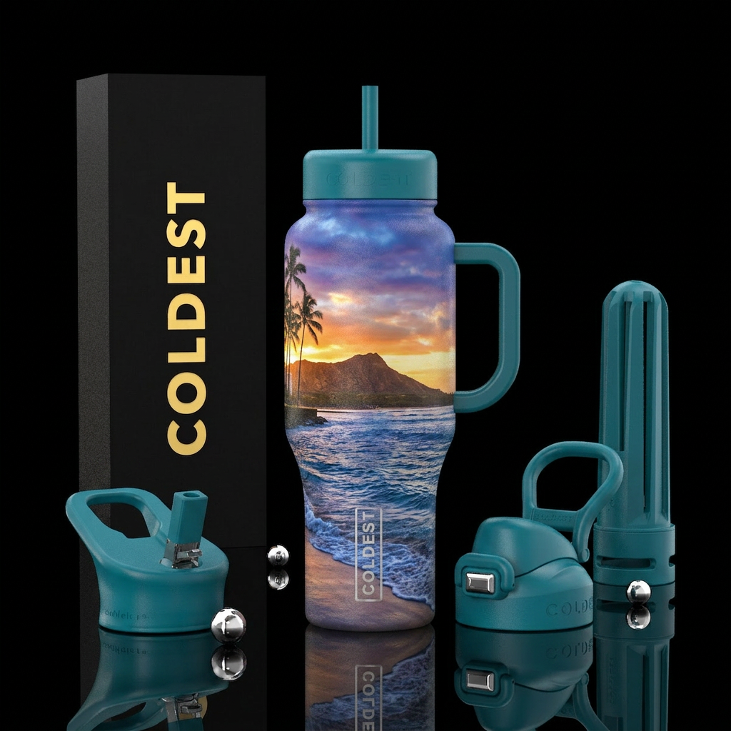 Diamond head at sunrise palm trees and the Ocean w... water bottle design