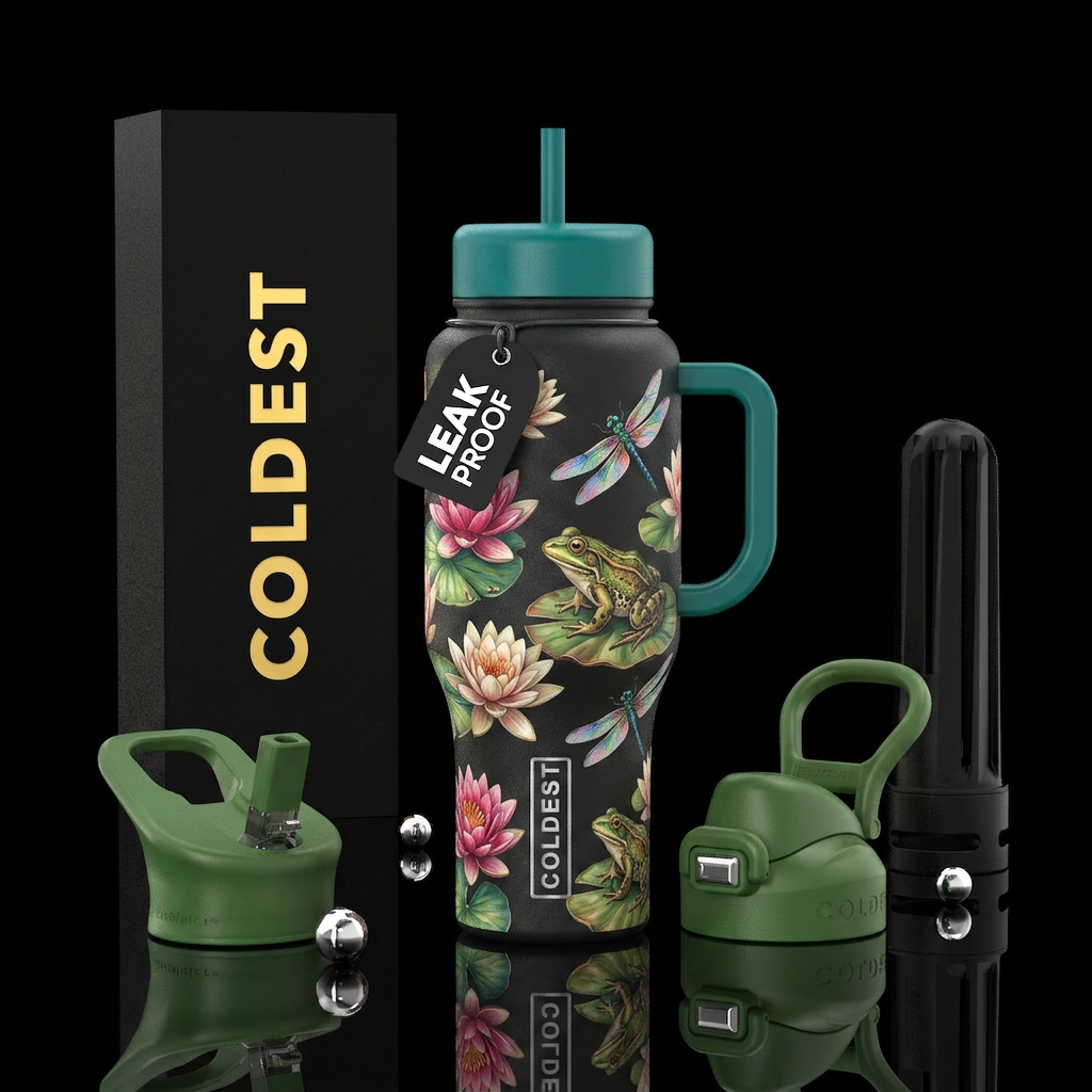Water lilies, bullfrogs and dragonflies water bottle design