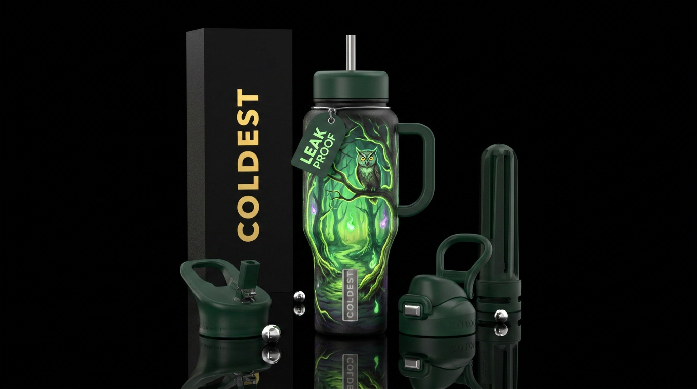 Haunted woods in glowie green spooky trees along a... water bottle design