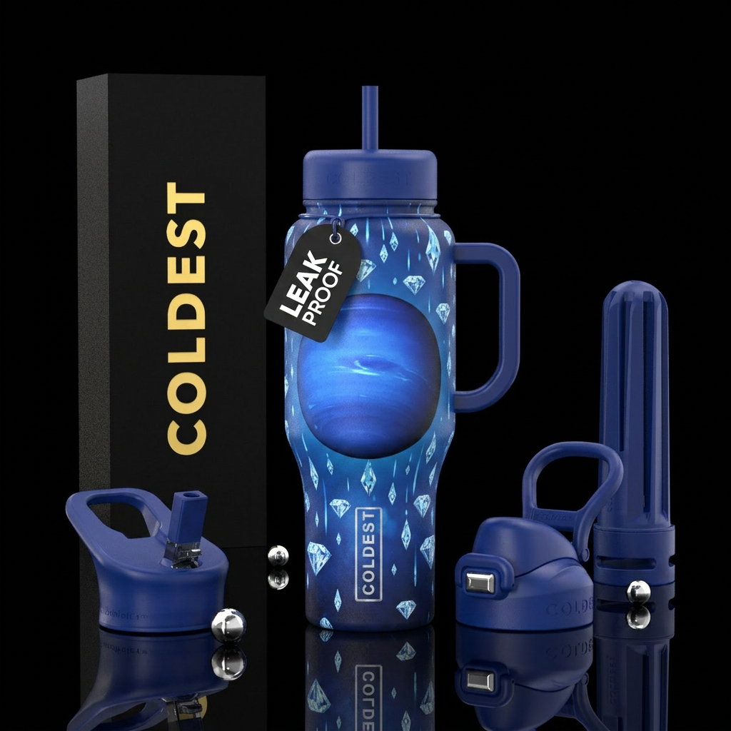 Neptune and raining diamonds on a diamond blue sur... water bottle design