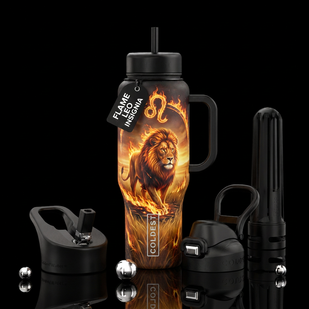 Firey Lion walks Leo insignia  in flames above the... water bottle design